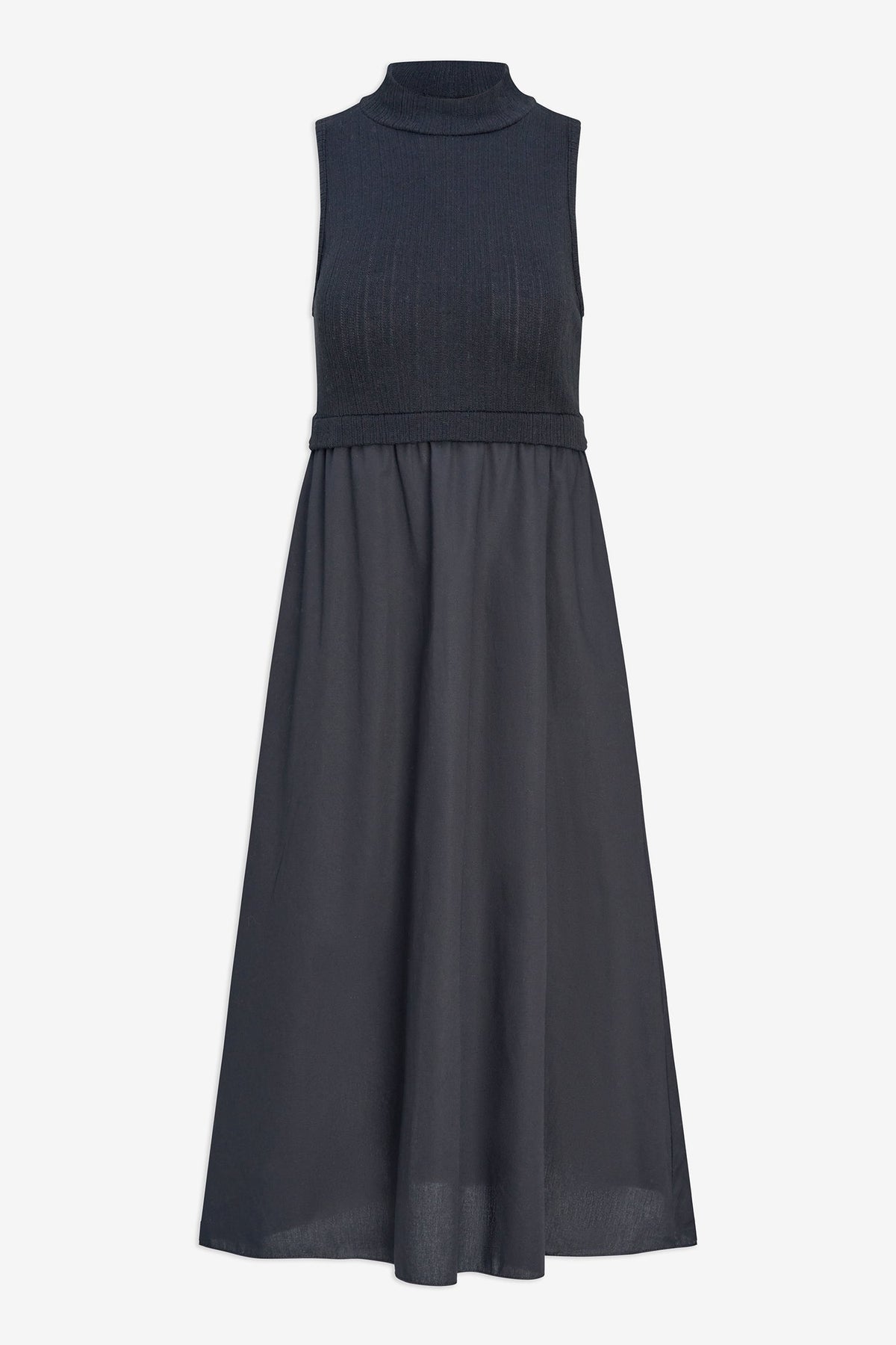 Women's Sleeveless Mock-Neck Dress In a Knit & Woven Combo, Featuring a Knit Top & Woven Bottom