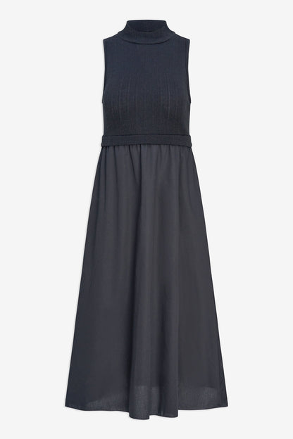 Women's Sleeveless Mock-Neck Dress In a Knit & Woven Combo, Featuring a Knit Top & Woven Bottom