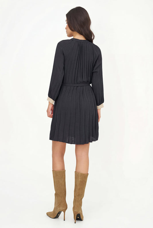 Women's Woven Color-Blocked Pleated Button-Down Dress, with Long Raglan Sleeves & a Removable Belt