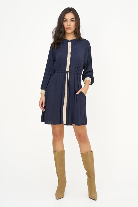 Women's Woven Color-Blocked Pleated Button-Down Dress, with Long Raglan Sleeves & a Removable Belt