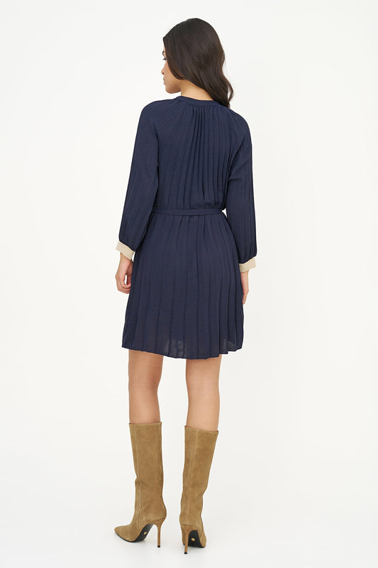 Women's Woven Color-Blocked Pleated Button-Down Dress, with Long Raglan Sleeves & a Removable Belt