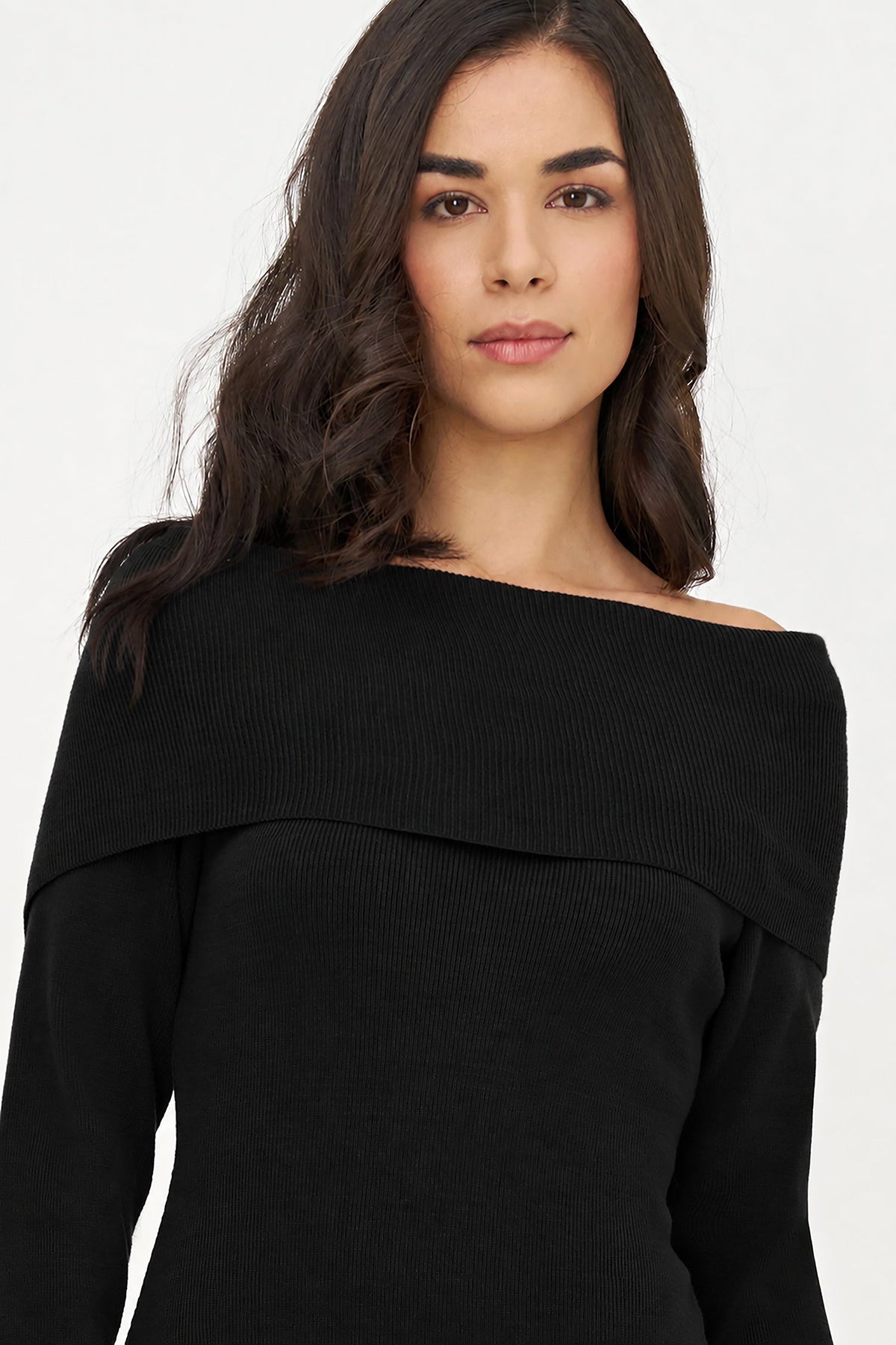 Women's Knit Off-Shoulder Dress with Foldover Neckline & Long Sleeves