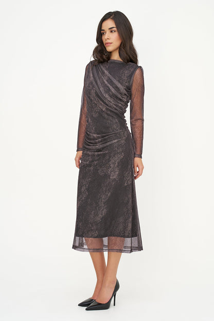 Women's Mesh-Knit Printed Dress, with a Boat-Neckline, Long Sleeves & Gathered Details At The Shoulder, Waist & Hips