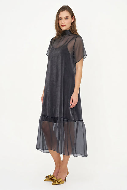 Women's Short-Sleeve Turtleneck Dress, Tie-Back Bow & Ruffle Hem