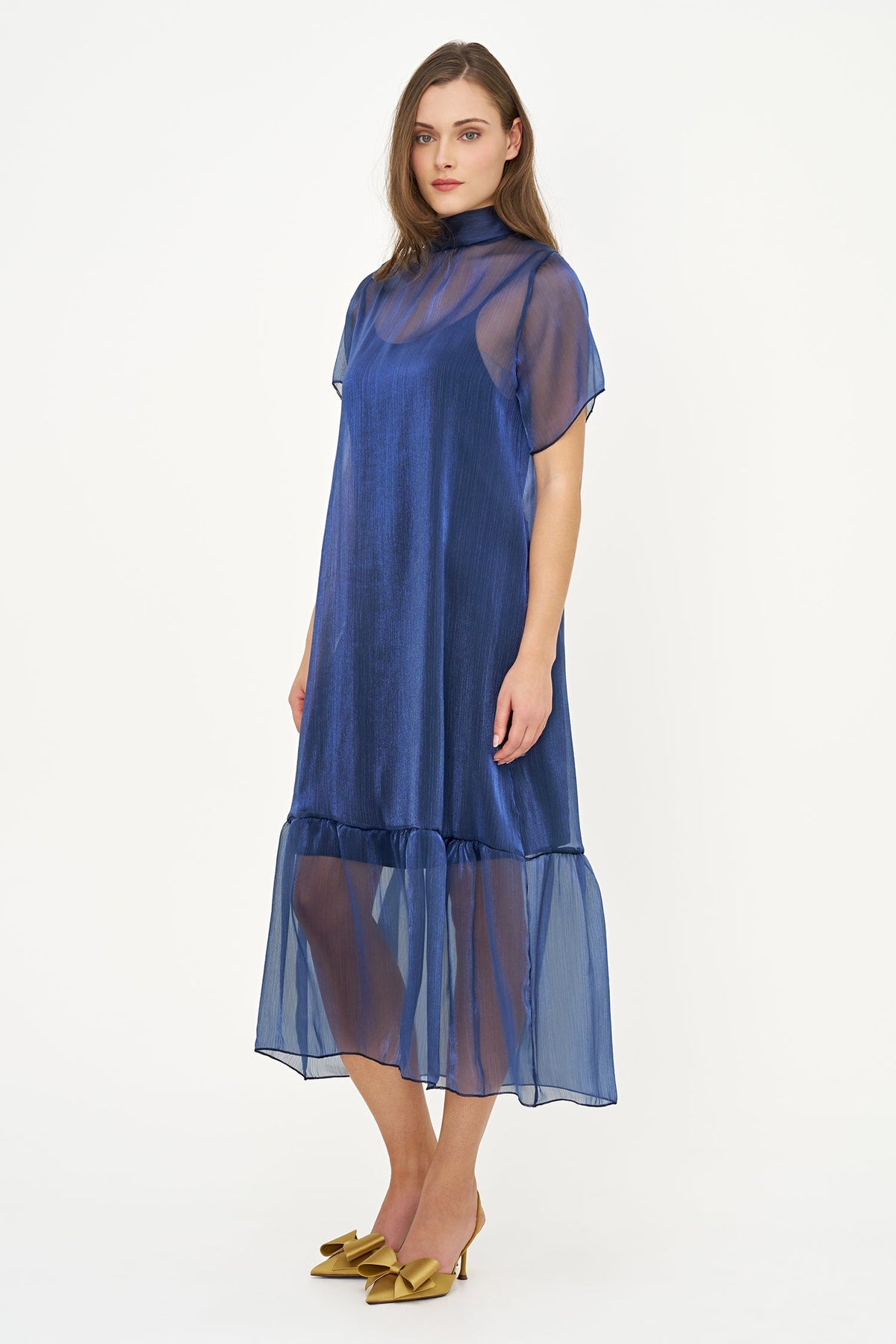 Women's Short-Sleeve Turtleneck Dress, Tie-Back Bow & Ruffle Hem