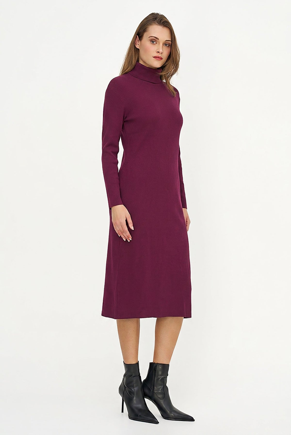Women's Rib-Knit Turtleneck Dress, Long Sleeves & Back Slit