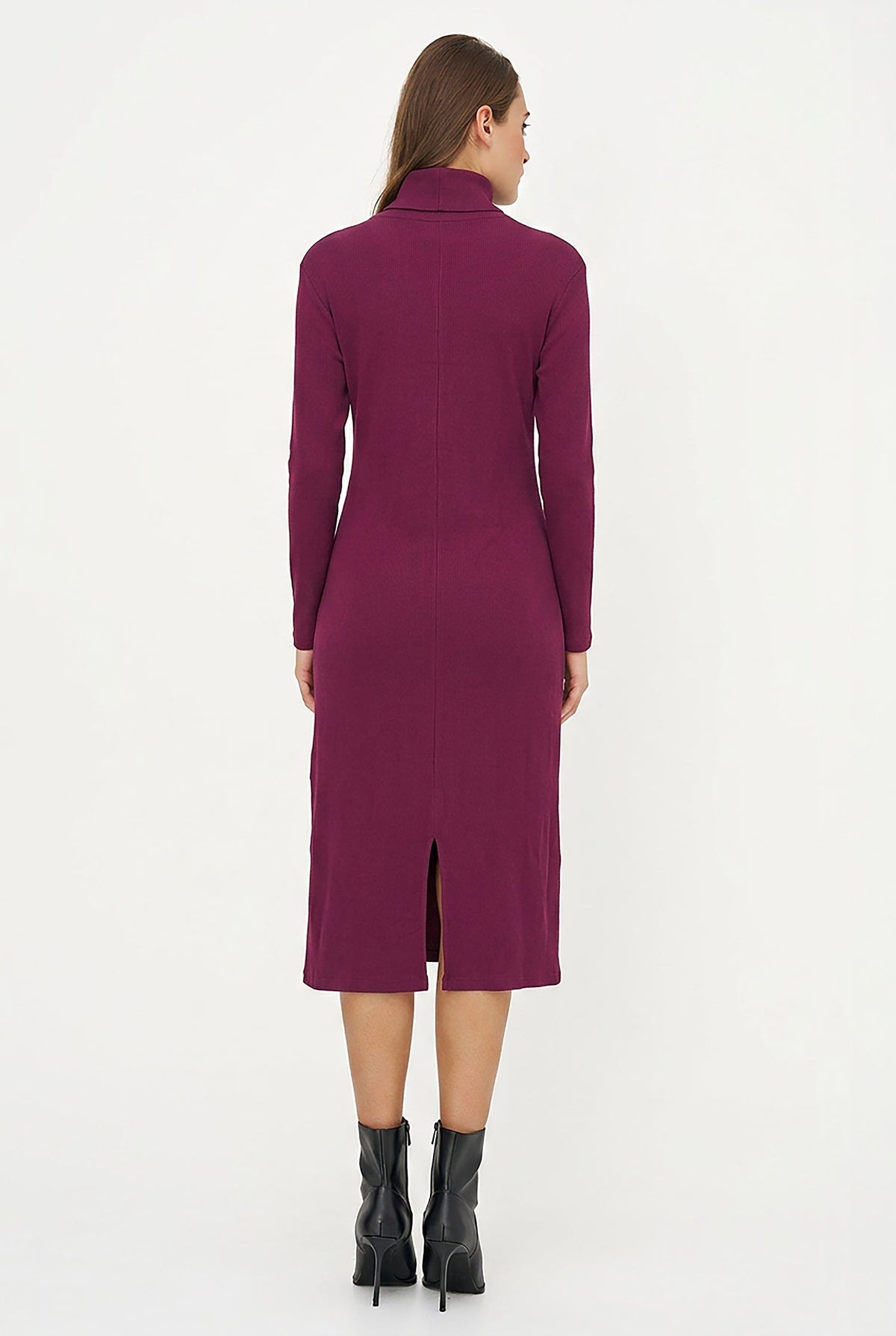 Women's Rib-Knit Turtleneck Dress, Long Sleeves & Back Slit