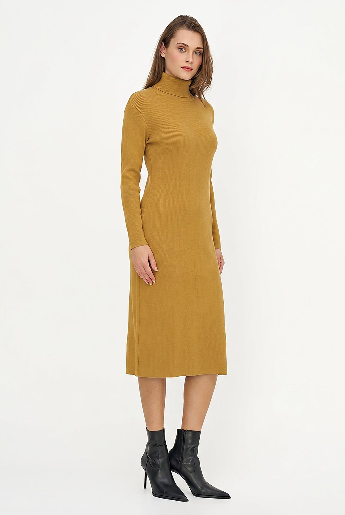 Women's Rib-Knit Turtleneck Dress, Long Sleeves & Back Slit