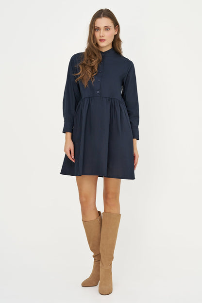 Women's Woven Long Sleeve Dress with a Partial Button-Down Front