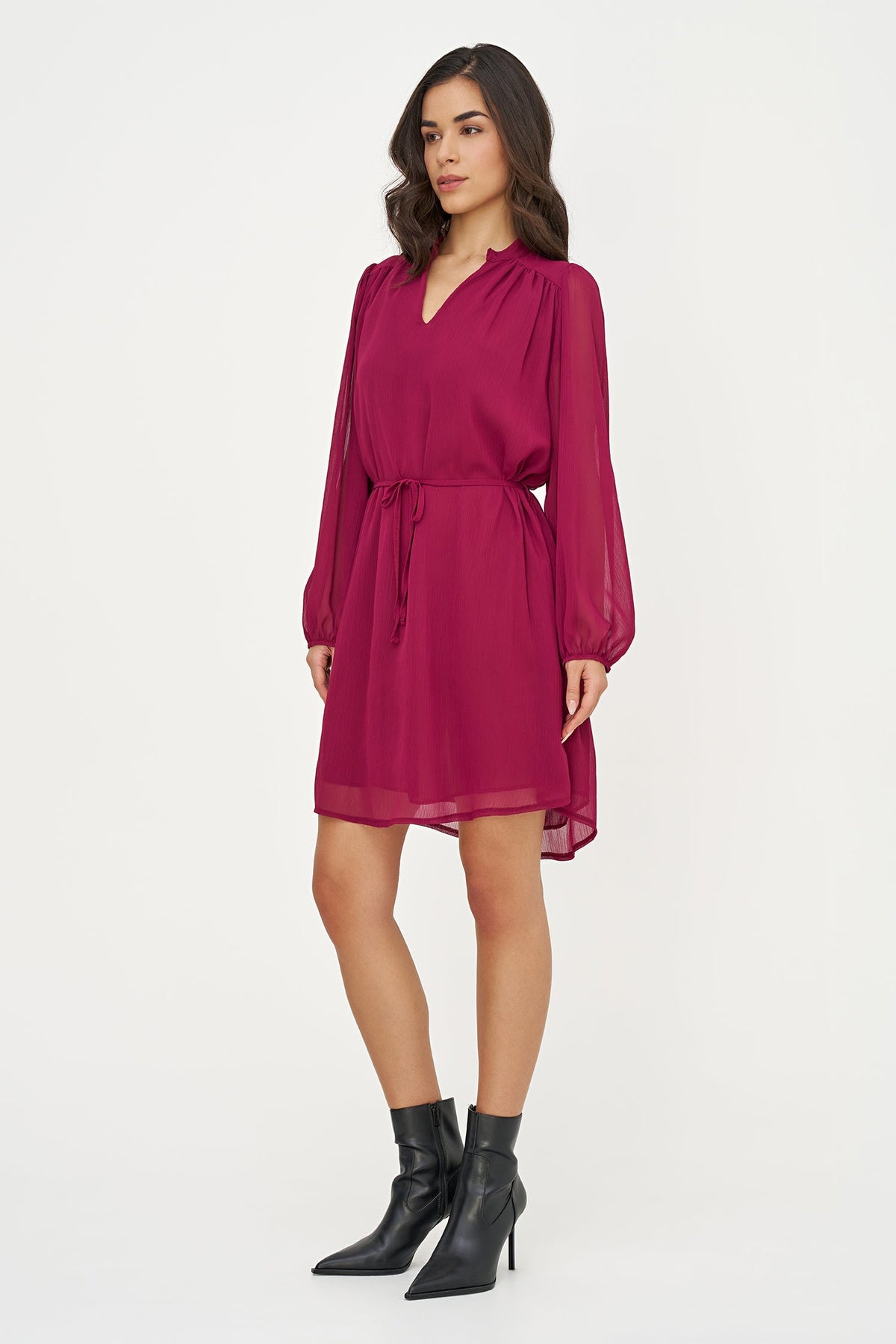 Women's Woven V-Neck Dress, Long Sleeves & Removable String Belt