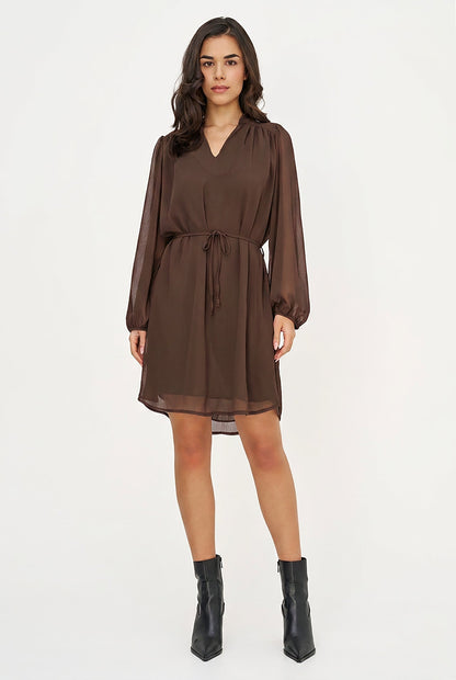 Women's Woven V-Neck Dress, Long Sleeves & Removable String Belt