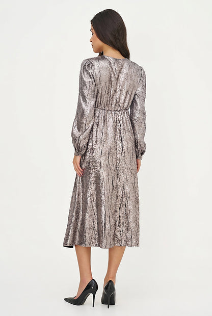 Women's Woven Fixed Crossover V-Neck Dress with Long Sleeves