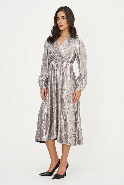 Women's Woven Fixed Crossover V-Neck Dress with Long Sleeves