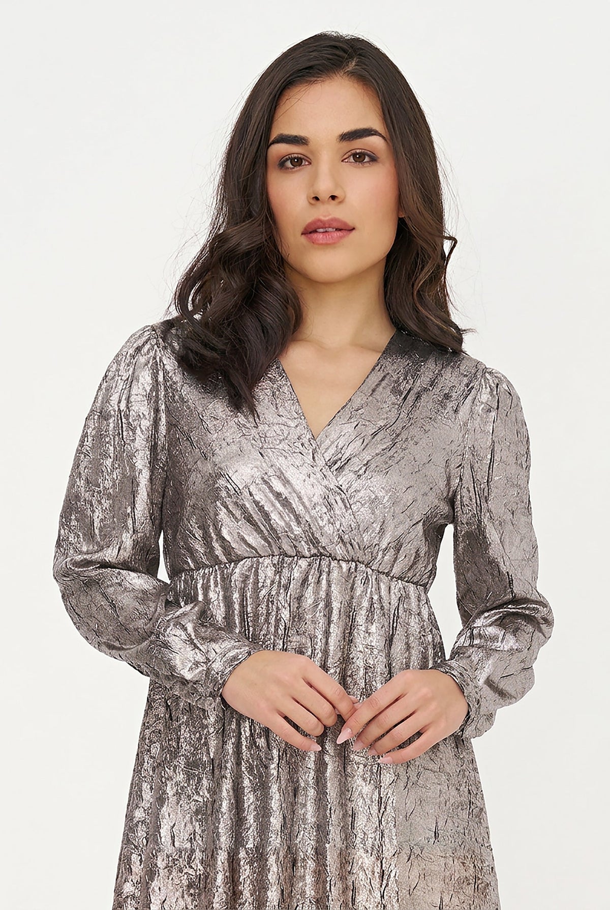 Women's Woven Fixed Crossover V-Neck Dress with Long Sleeves
