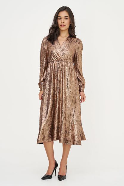 Women's Woven Fixed Crossover V-Neck Dress with Long Sleeves