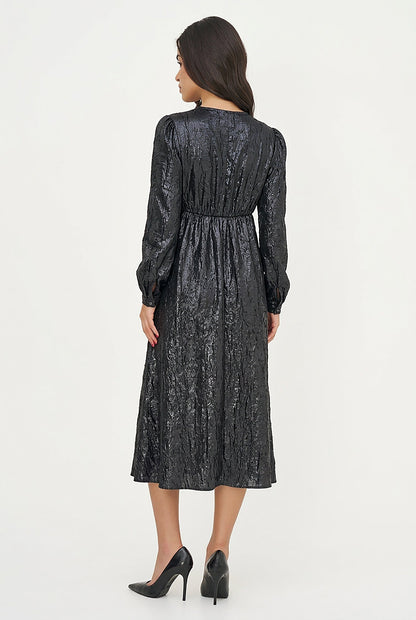 Women's Woven Fixed Crossover V-Neck Dress with Long Sleeves