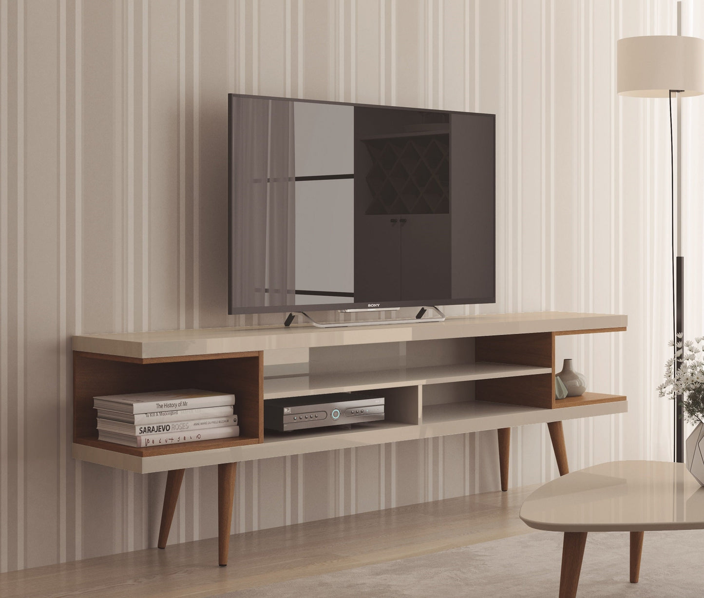 Eureka Modern 70.47" TV Stand with 4 Shelves - Off White Gloss/Maple Cream