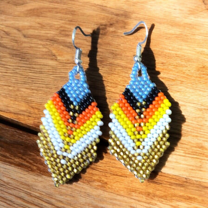 Sky blue and golden Beaded Feather Drop Earrings