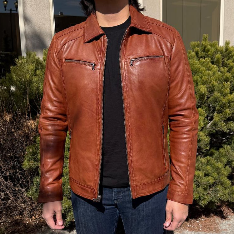 BOL Men’s Zip Pocket Leather Jacket. Sheep Leather Jacket with Fold-Down Collar