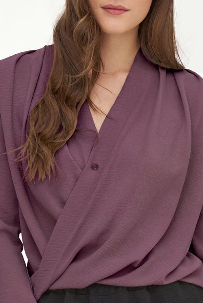 Women's Woven V-Neck Tunic, with Long Sleeves, a Twisted Front Hemline & a Longer Scooped Pleated Back