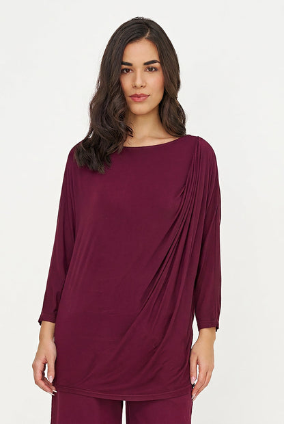 Women's Soft Knit Crew-Neck Tunic, 3/4 Sleeves & Draped Shoulder