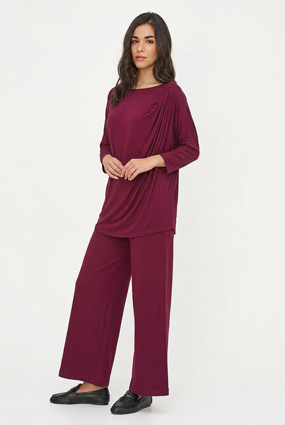 Women's Soft Knit Crew-Neck Tunic, 3/4 Sleeves & Draped Shoulder