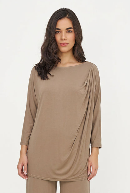 Women's Soft Knit Crew-Neck Tunic, 3/4 Sleeves & Draped Shoulder