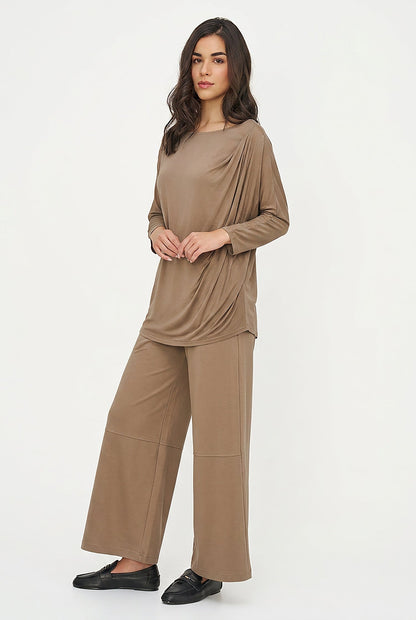 Women's Soft Knit Crew-Neck Tunic, 3/4 Sleeves & Draped Shoulder