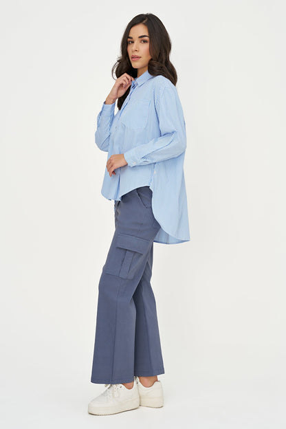 Women's Striped Tunic, Long Sleeves, High-Low Hem & Side Buttons