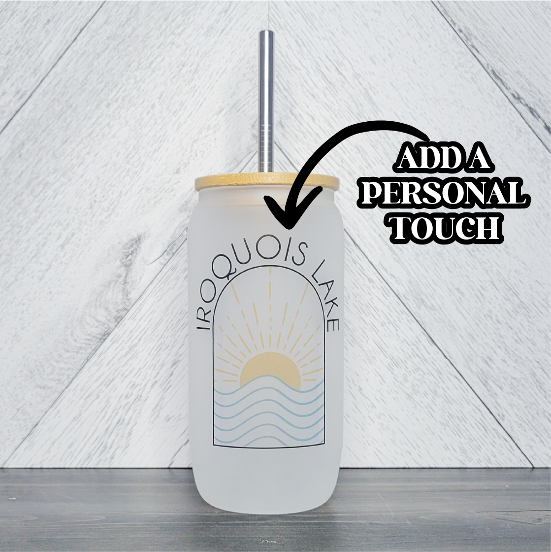 Custom Lake Sunset Frosted Glass Can with Bamboo Lid