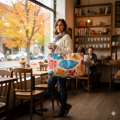 Tropical Floral Leaf Weekender Bag | Blue Orange Hibiscus Tote Bag - AURABAGS SHOP