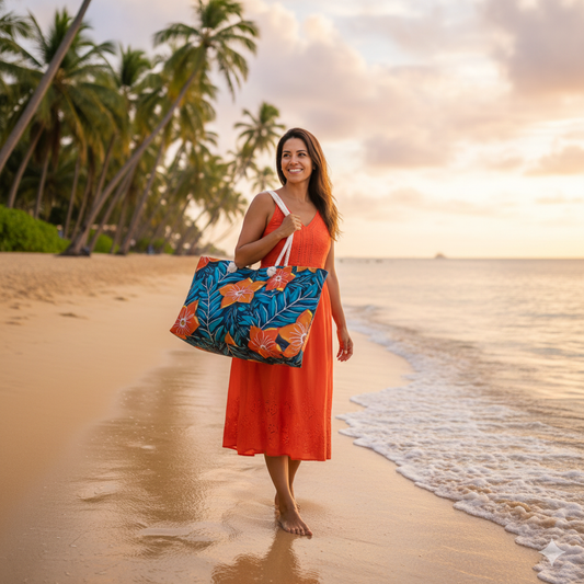 Orange Floral Pattern Weekender Bag | Tropical Blue Leaves | Large Tote Bag - AURABAGS SHOP