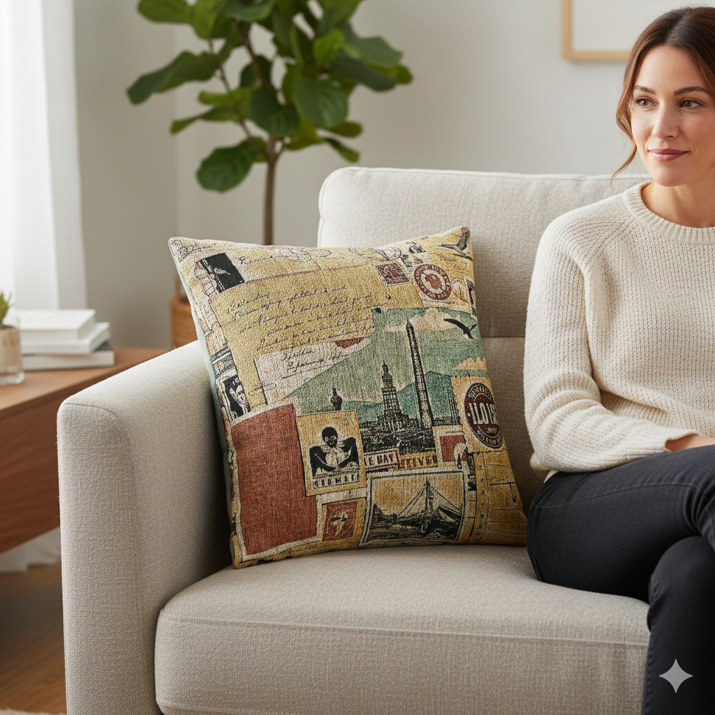 Vintage Travel Collage Woven Pillow | Cityscape Postcard Tapestry - AURABAGS SHOP