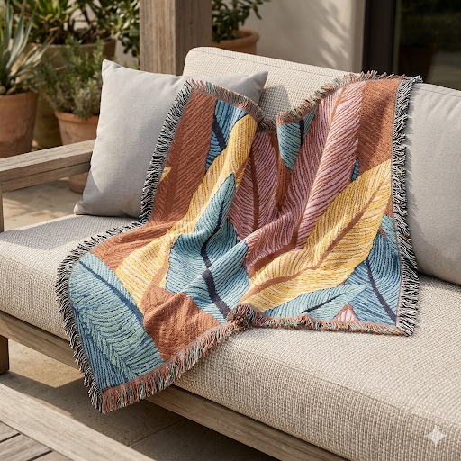 Tropische Blätter Gewebte Decke — Boho-Überwurf für Wohnzimmer, Schlafzimmer & Terrasse