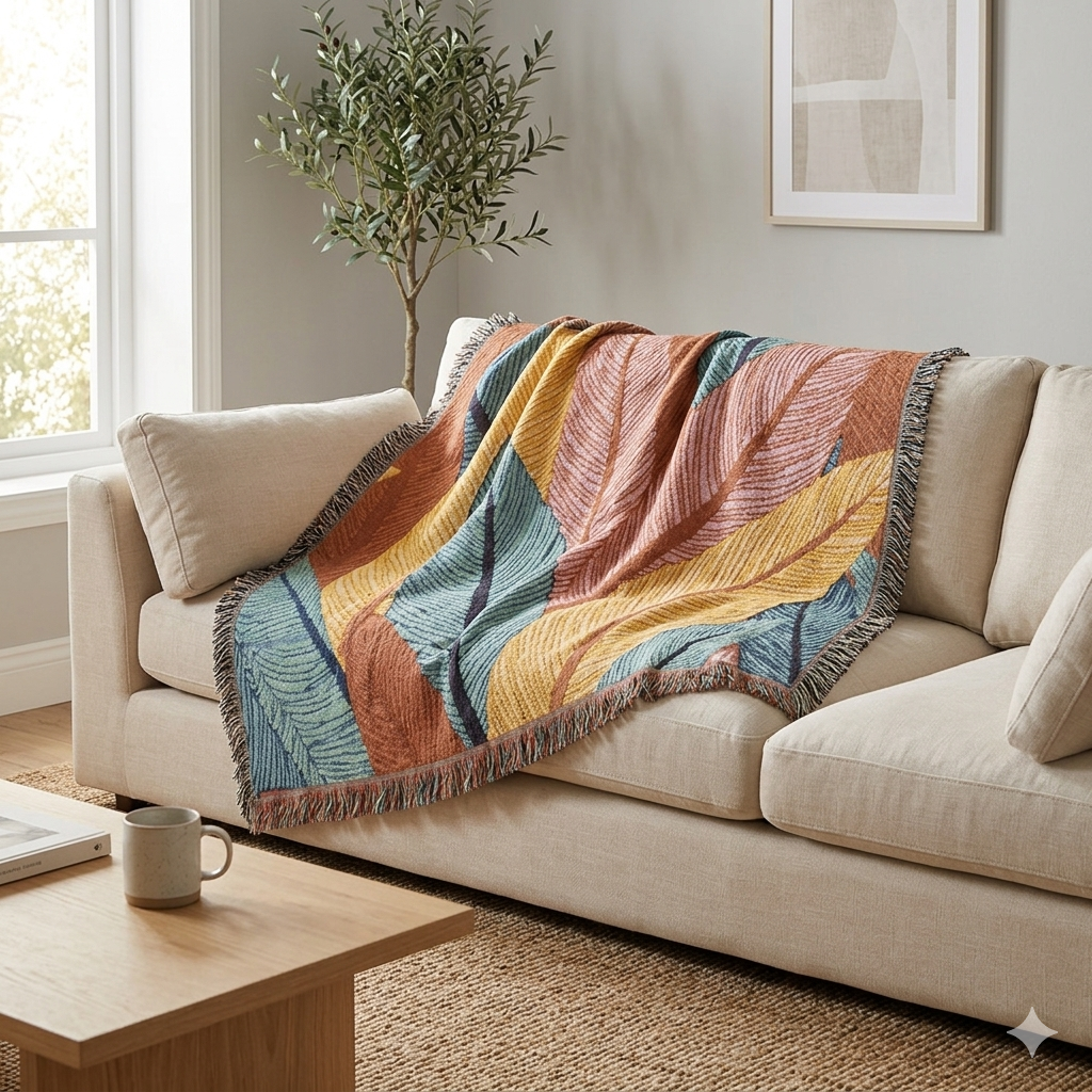 Tropische Blätter Gewebte Decke — Boho-Überwurf für Wohnzimmer, Schlafzimmer & Terrasse