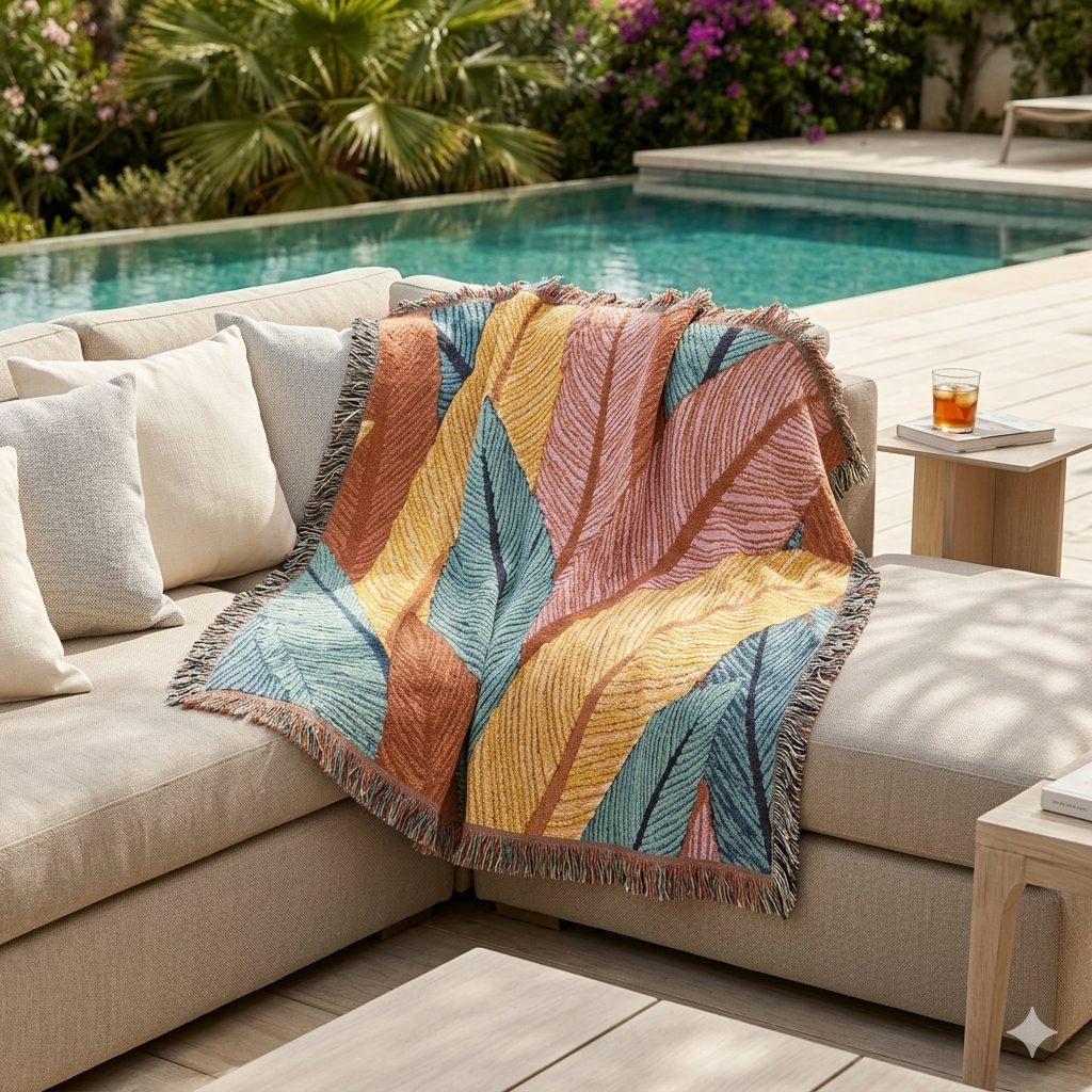 Tropische Blätter Gewebte Decke — Boho-Überwurf für Wohnzimmer, Schlafzimmer & Terrasse
