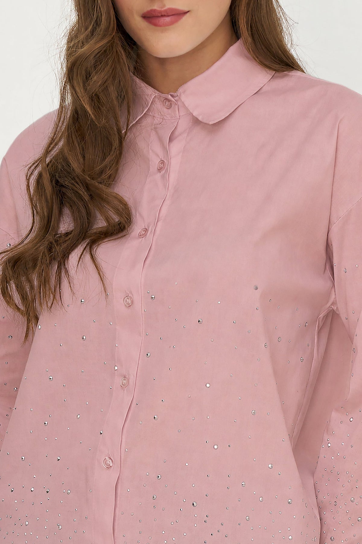 Women's Woven Button-Down Shirt with Long Sleeves & Decorative Studs