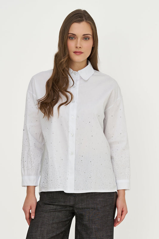 Women's Woven Button-Down Shirt with Long Sleeves & Decorative Studs