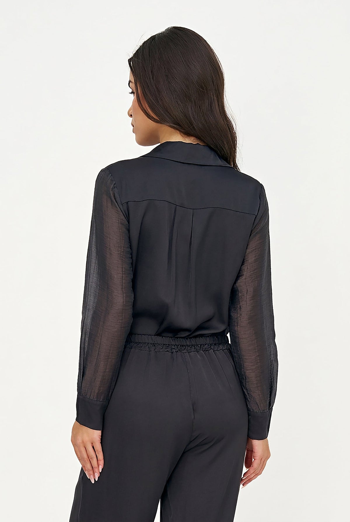 Women's Button-Down Shirt with Satin Body & Semi-Sheer Sleeves