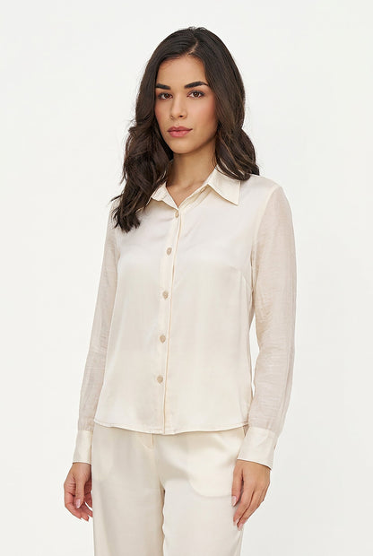 Women's Button-Down Shirt with Satin Body & Semi-Sheer Sleeves
