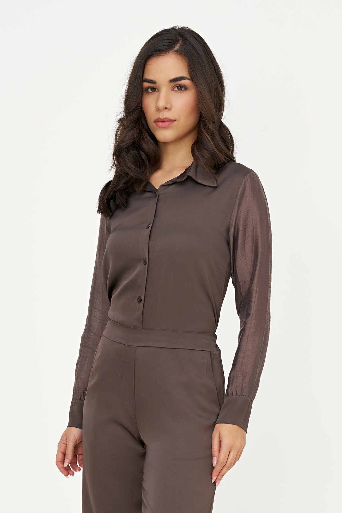Women's Button-Down Shirt with Satin Body & Semi-Sheer Sleeves