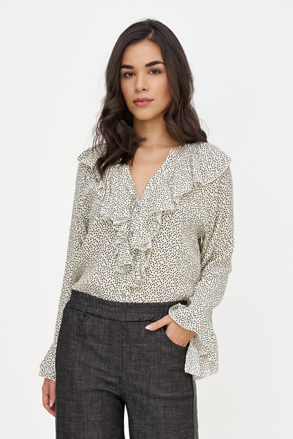 Women's Printed Button-Down Shirt with Ruffled Front, Collar & Cuffs