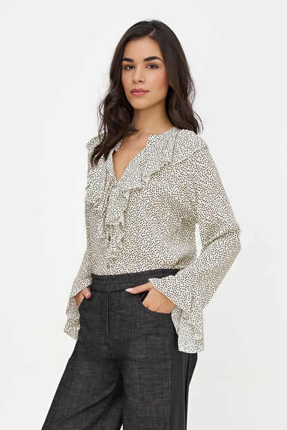 Women's Printed Button-Down Shirt with Ruffled Front, Collar & Cuffs