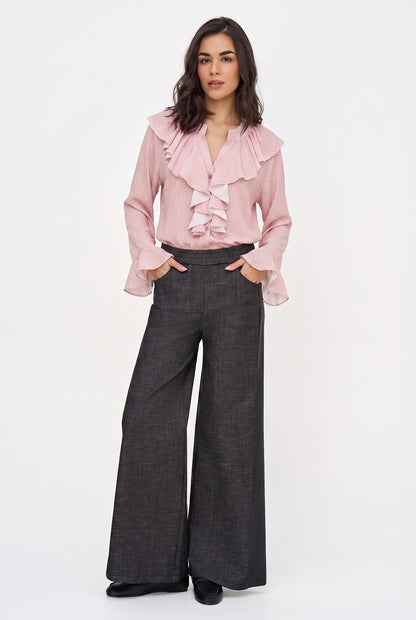 Women's Printed Button-Down Shirt with Ruffled Front, Collar & Cuffs