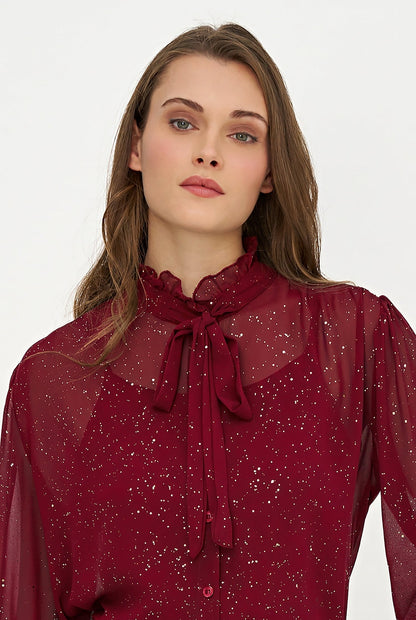 Women's Foil-Print Button-Down Shirt, Tie-Bow Collar & Removable Cami