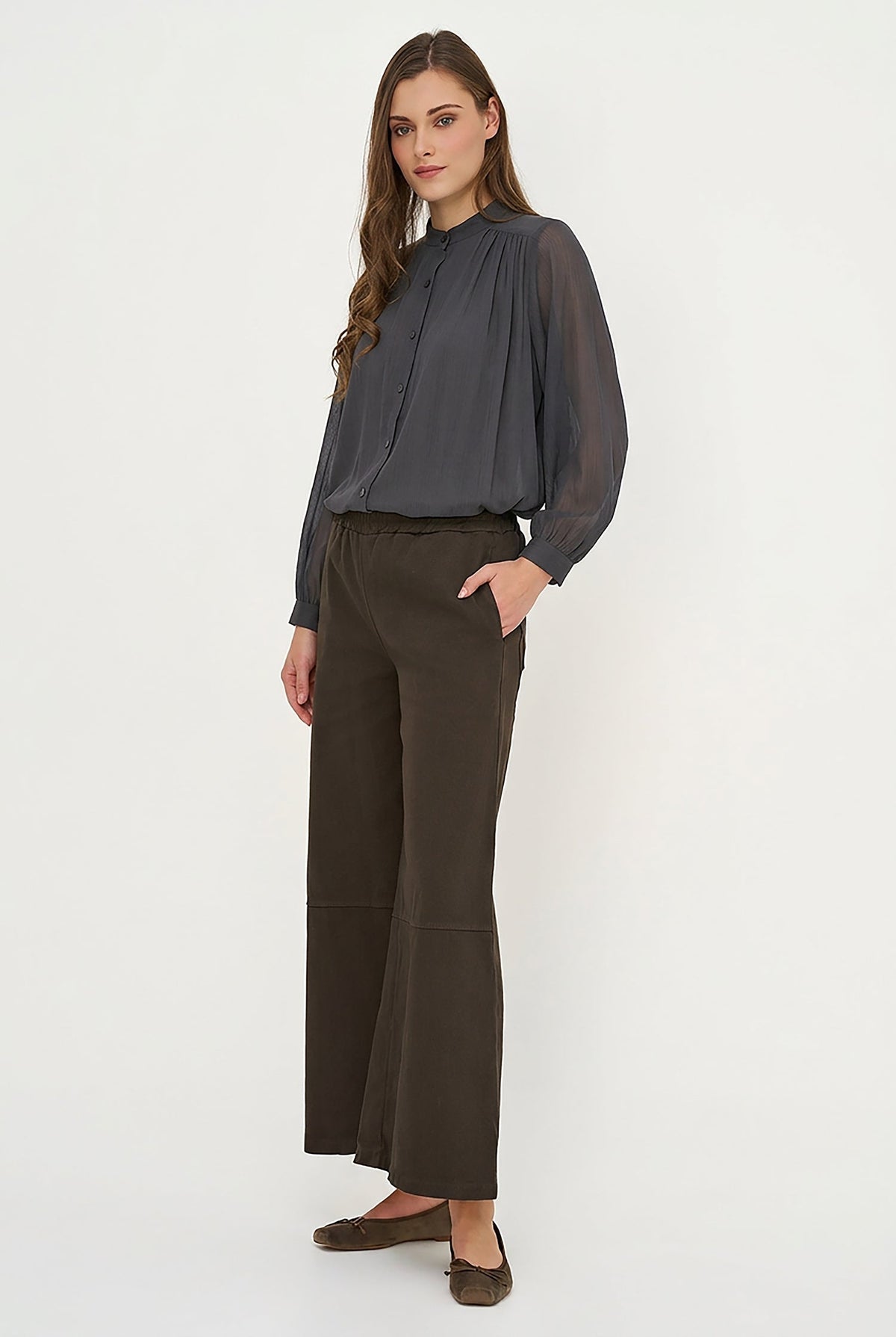 Women's Woven Button-Down Tunic Shirt, Long Sleeves & Stand Collar