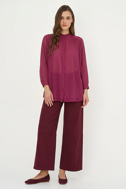 Women's Woven Button-Down Tunic Shirt, Long Sleeves & Stand Collar