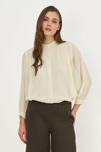 Women's Woven Button-Down Tunic Shirt, Long Sleeves & Stand Collar