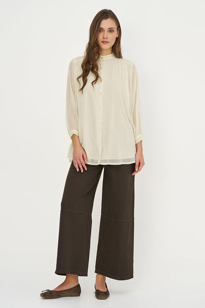 Women's Woven Button-Down Tunic Shirt, Long Sleeves & Stand Collar
