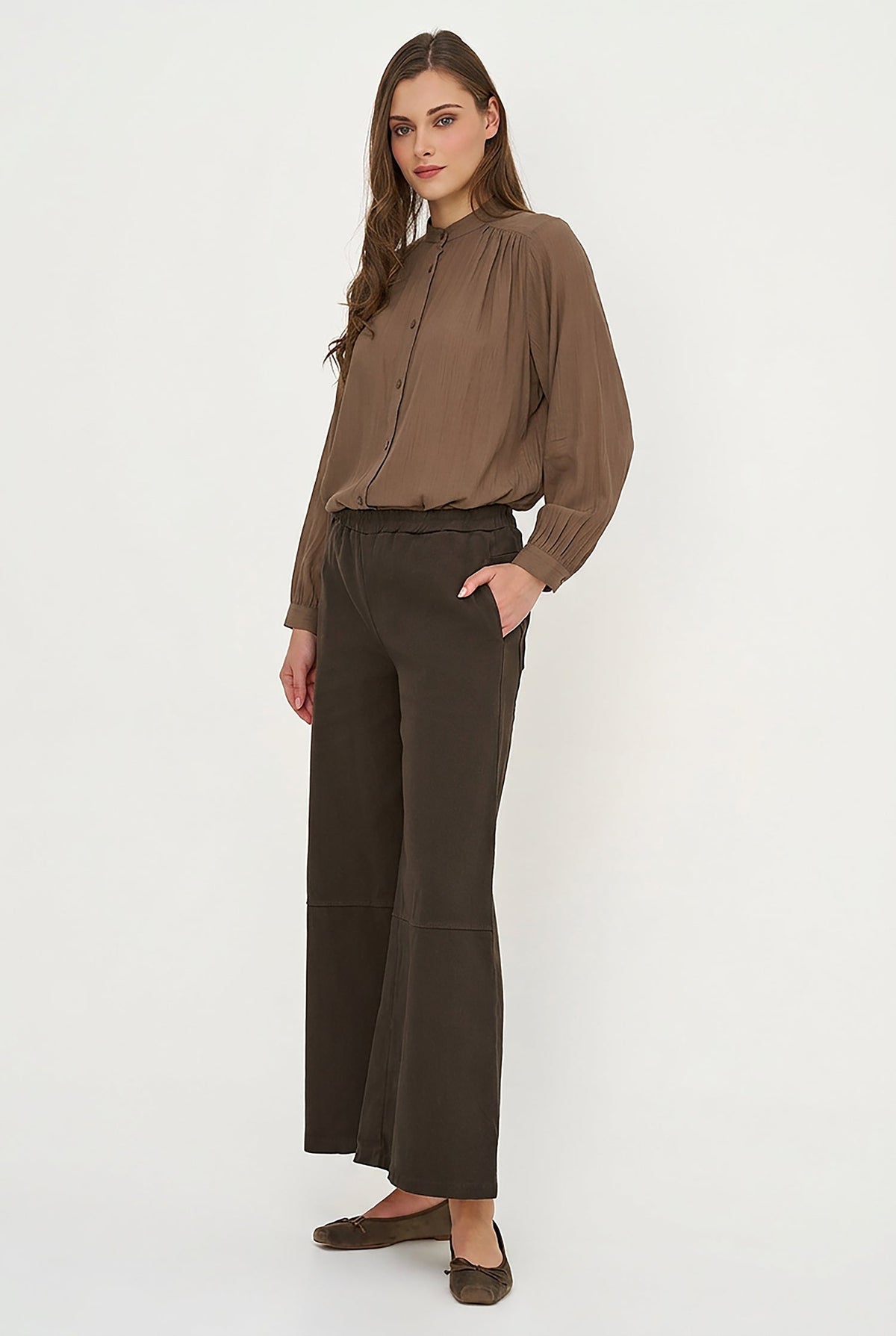 Women's Woven Button-Down Tunic Shirt, Long Sleeves & Stand Collar